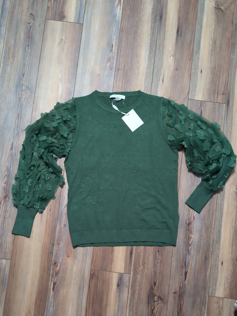 Sioni NWT Green Floral Appliqué Mesh Sleeve Crew Neck Sweater